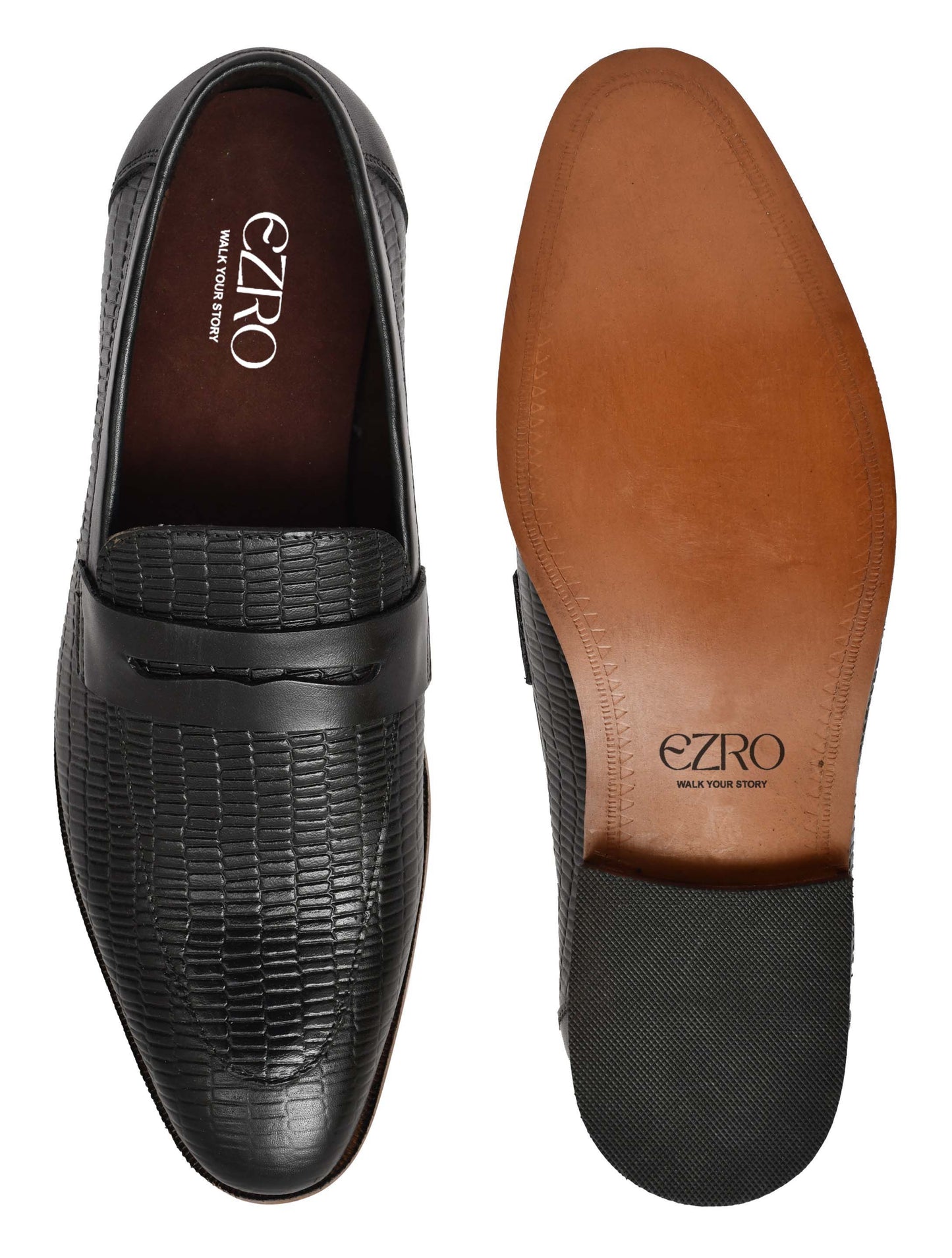 EZRO Men's Premium Black Textured Leather Penny Loafers | Slip-On Formal Dress Shoes