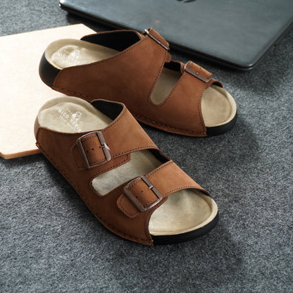 EZRO Men's Tan Adjustable Double Buckle Comfort Slippers | Casual Open-Toe Slip-On Sandals