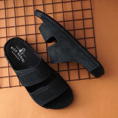 EZRO Men's Black Adjustable Comfort Slippers | Premium Dual Strap Casual Slide Slippers for Indoor & Outdoor Wear