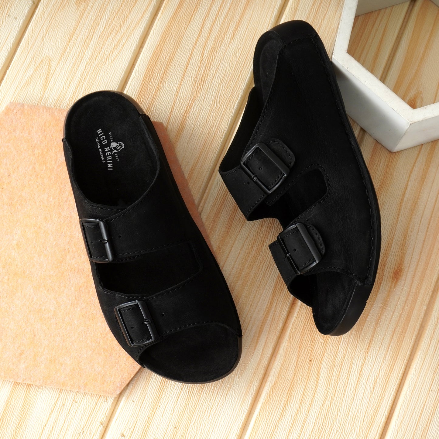 EZRO Men's Black Adjustable Double Buckle Comfort Slippers | Casual Open-Toe Slip-On Sandals