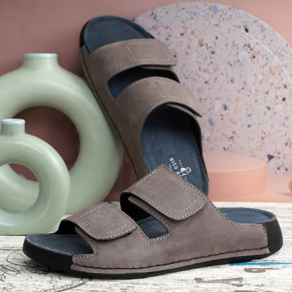 EZRO Men's Grey Adjustable Comfort Slippers | Premium Dual Strap Casual Slide Slippers for Indoor & Outdoor Wear