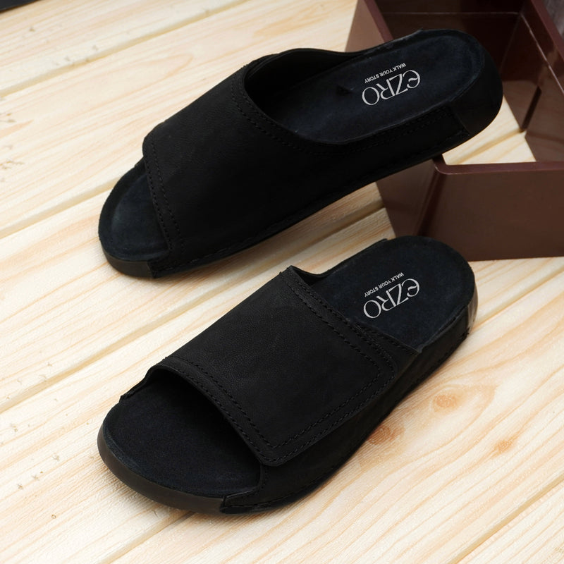 EZRO Men's Black Comfort Slide Slippers | Soft Cushioned Open-Toe Slip-On Sandals for Daily Wear