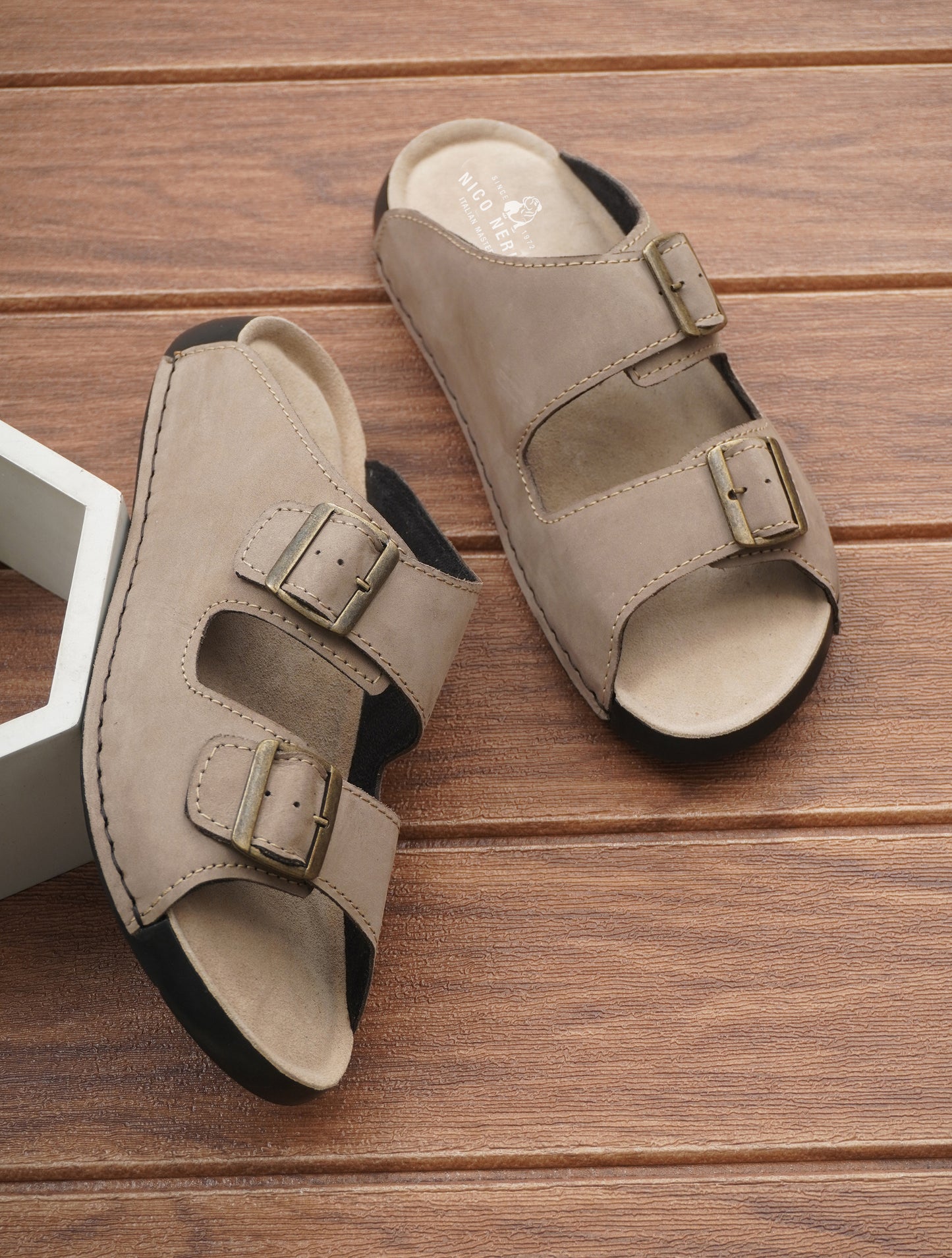 EZRO Men's Beige Adjustable Double Buckle Comfort Slippers | Casual Open-Toe Slip-On Sandals