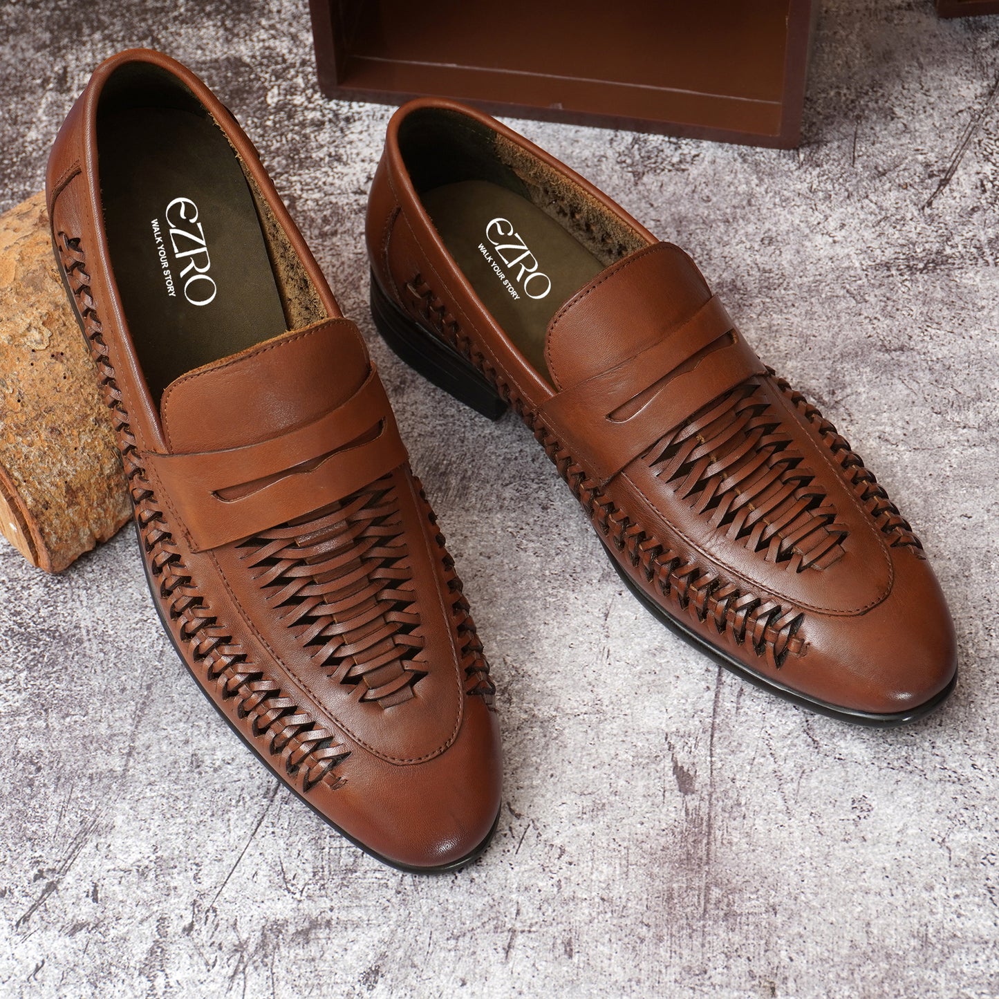 EZRO Men's Premium Handwoven Tan Leather Penny Loafers | Classic Slip-On Formal Shoes