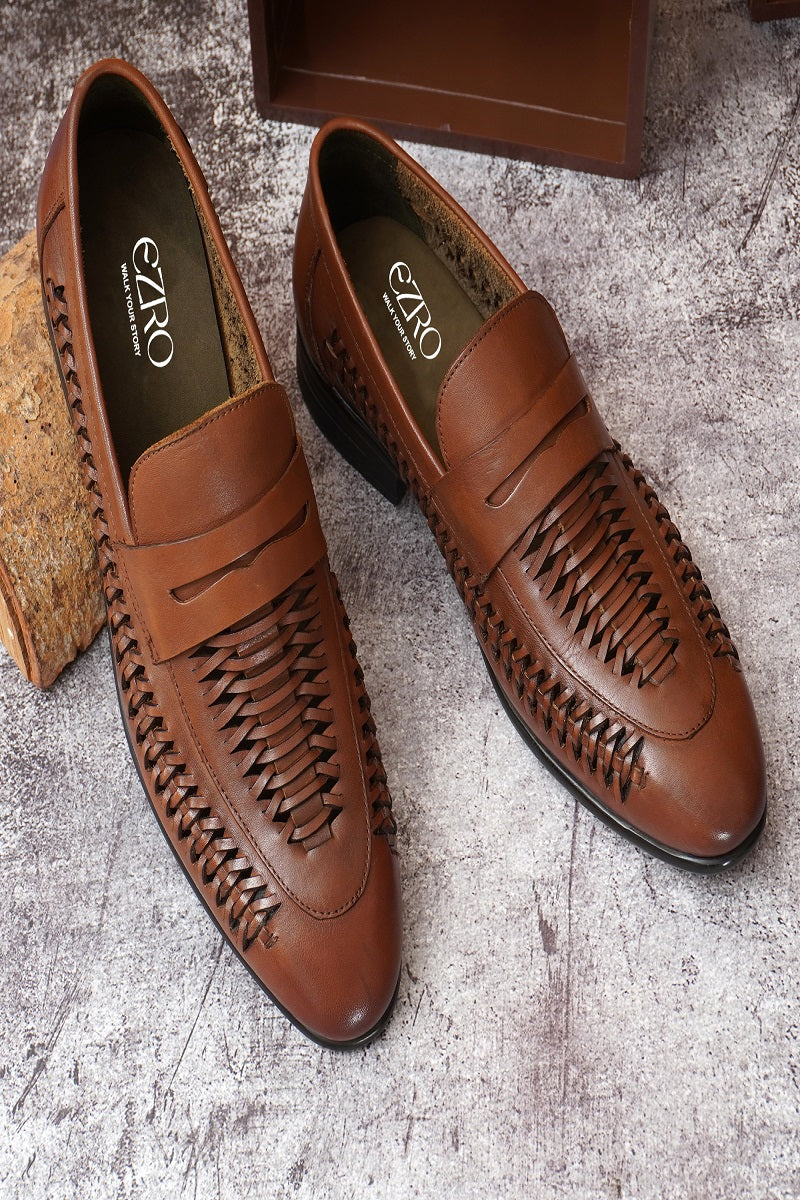 EZRO Men's Premium Handwoven Tan Leather Penny Loafers | Classic Slip-On Formal Shoes