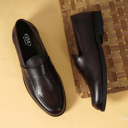EZRO Men's Brown Slip-On Formal Loafers – Textured Office & Dress Shoes