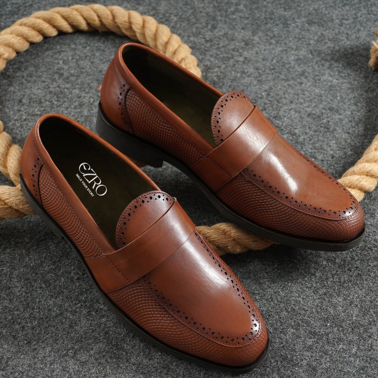EZRO Men's Tan Slip-On Formal Loafers – Textured Office & Dress Shoes