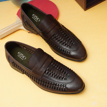 EZRO Men's Premium Handwoven Brown Leather Penny Loafers | Classic Slip-On Formal Shoes
