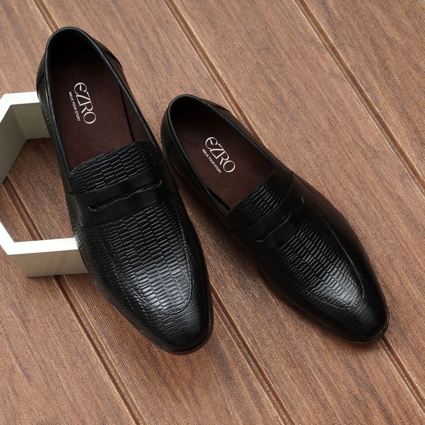 EZRO Men's Premium Black Textured Leather Penny Loafers | Slip-On Formal Dress Shoes