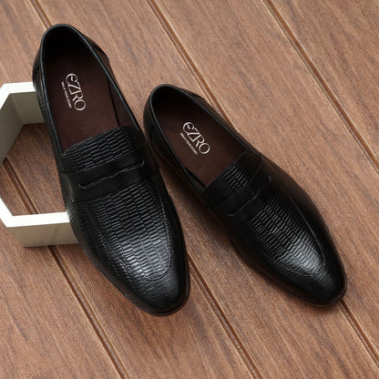 EZRO Men's Premium Black Textured Leather Penny Loafers | Slip-On Formal Dress Shoes
