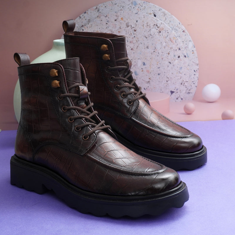 EZRO Men's Brown Crocodile Texture Combat Boots | Premium Lace-Up Ankle Boots for Casual, Biker & Outdoor Wear