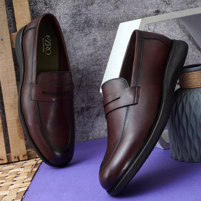 EZRO Men's Premium Wine Formal Loafers | Classic Slip-On Business, Office & Wedding Dress Shoes