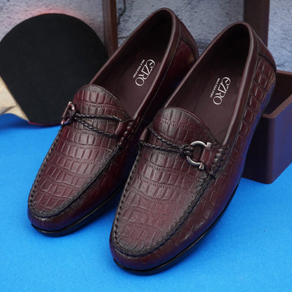 EZRO Men's Wine Crocodile Texture Horsebit Loafers | Premium Slip-On Formal & Casual Driving Shoes