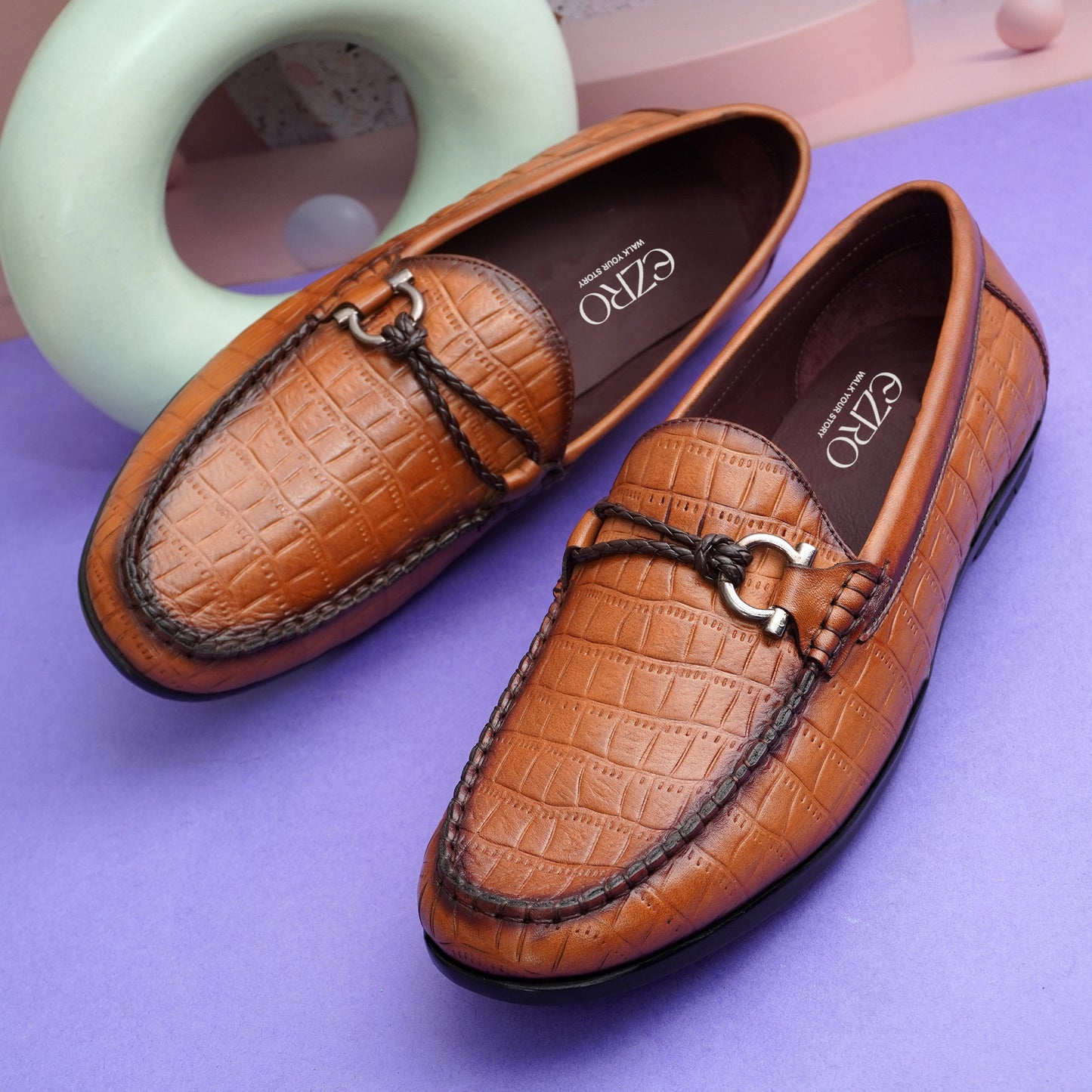EZRO Men's Brown Crocodile Texture Horsebit Loafers | Premium Slip-On Formal & Casual Driving Shoes