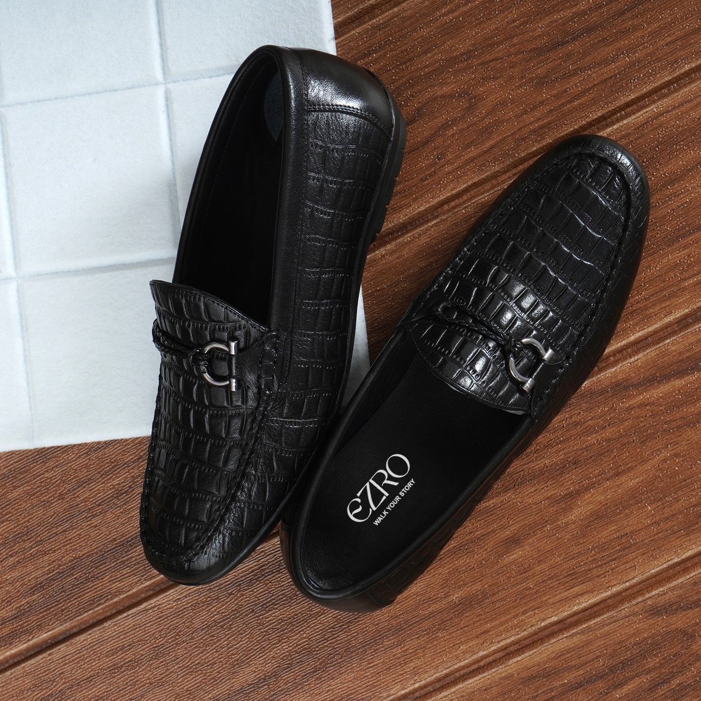 EZRO Men's Black Crocodile Texture Horsebit Loafers | Premium Slip-On Formal & Casual Driving Shoes