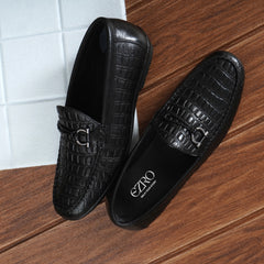 EZRO Men's Black Crocodile Texture Horsebit Loafers | Premium Slip-On Formal & Casual Driving Shoes