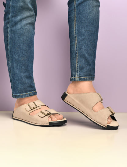 EZRO Men's Beige Adjustable Double Buckle Comfort Slippers | Casual Open-Toe Slip-On Sandals