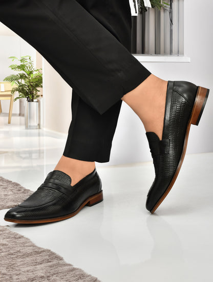 EZRO Men's Premium Black Textured Leather Penny Loafers | Slip-On Formal Dress Shoes