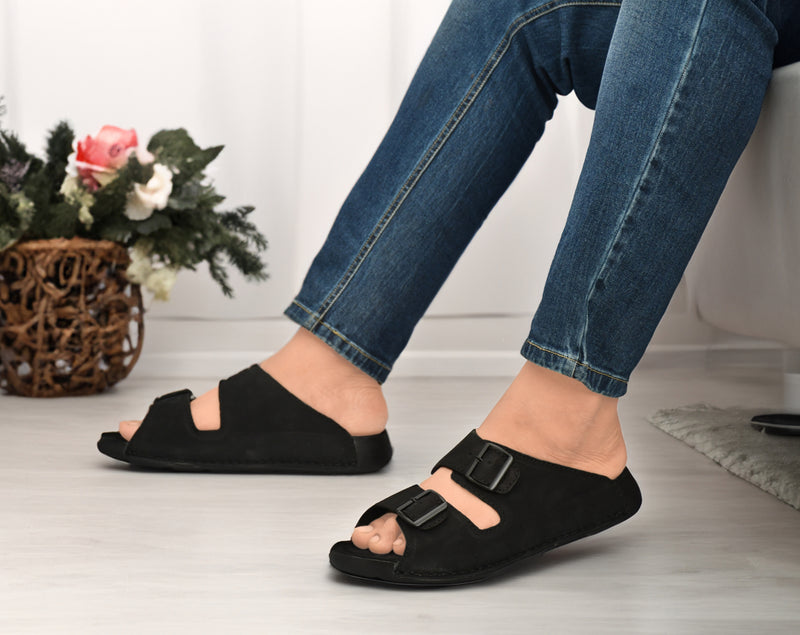 EZRO Men's Black Adjustable Double Buckle Comfort Slippers | Casual Open-Toe Slip-On Sandals