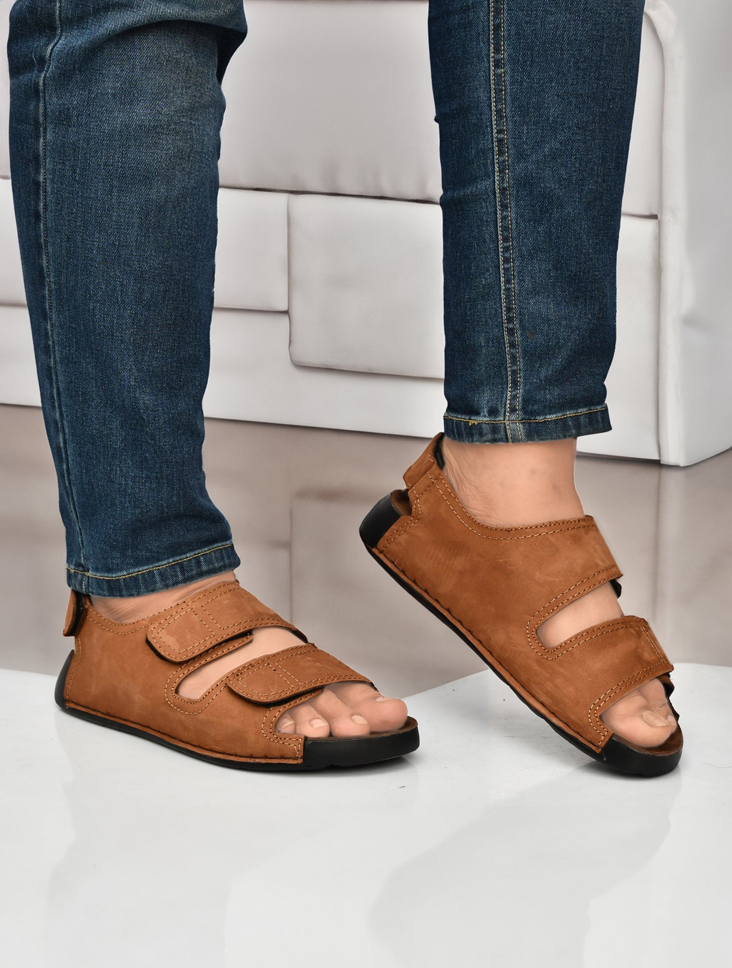 EZRO Men's Tan Adjustable Comfort Sandals | Lightweight Hook & Loop Casual Outdoor Walking Sandals