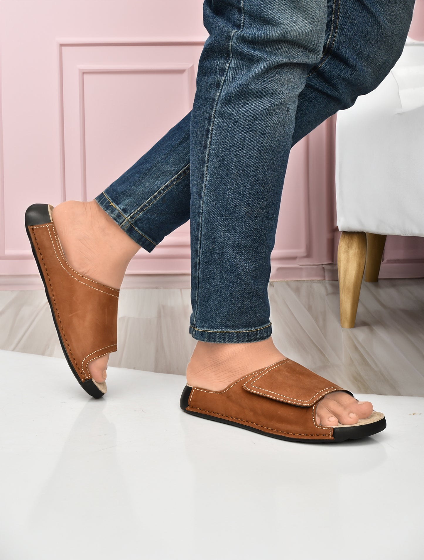 EZRO Men's Tan Comfort Slide Slippers | Soft Cushioned Open-Toe Slip-On Sandals for Daily Wear