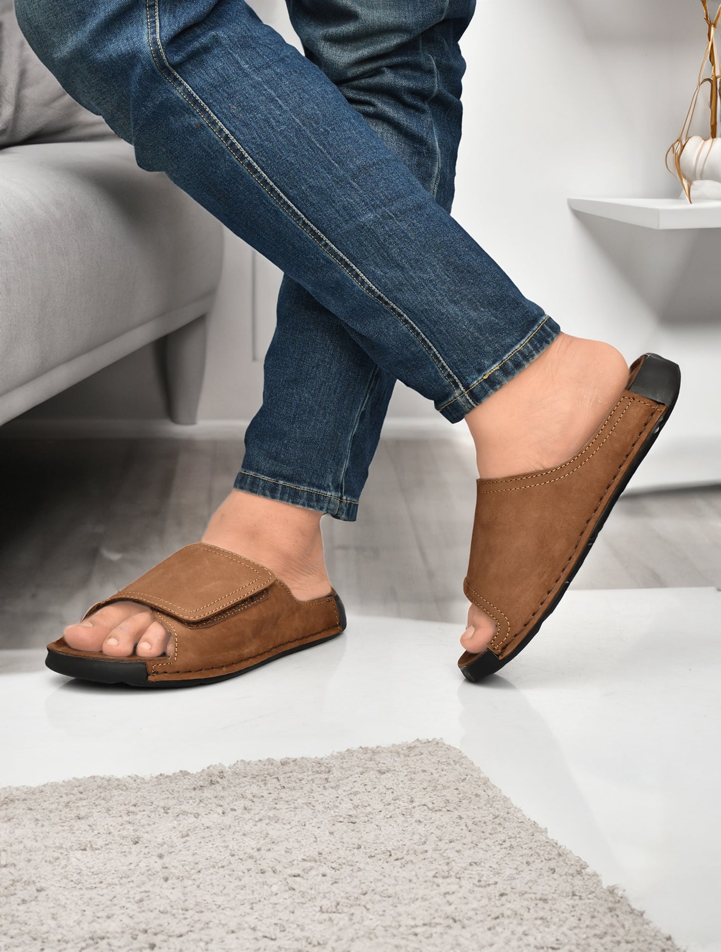 EZRO Men's Brown Comfort Slide Slippers | Soft Cushioned Open-Toe Slip-On Sandals for Daily Wear
