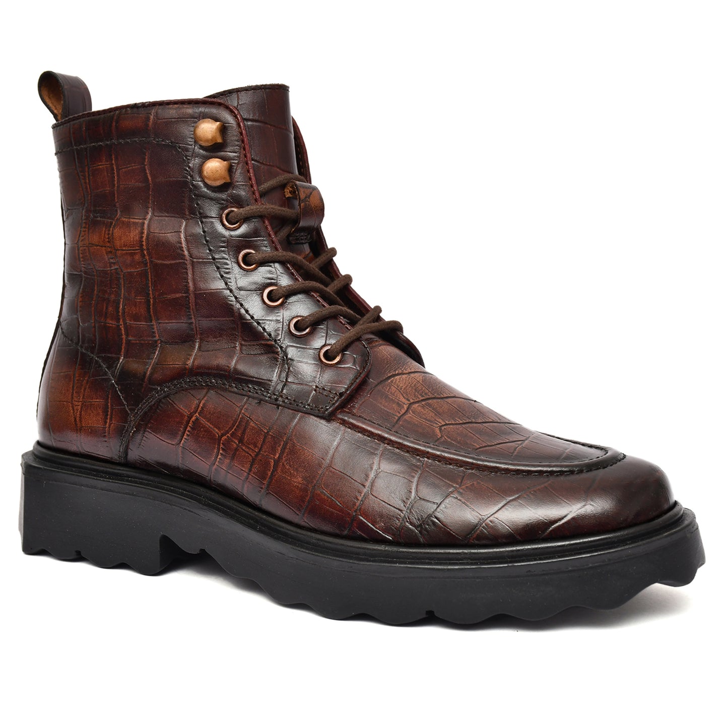 EZRO Men's Brown Crocodile Texture Combat Boots | Premium Lace-Up Ankle Boots for Casual, Biker & Outdoor Wear