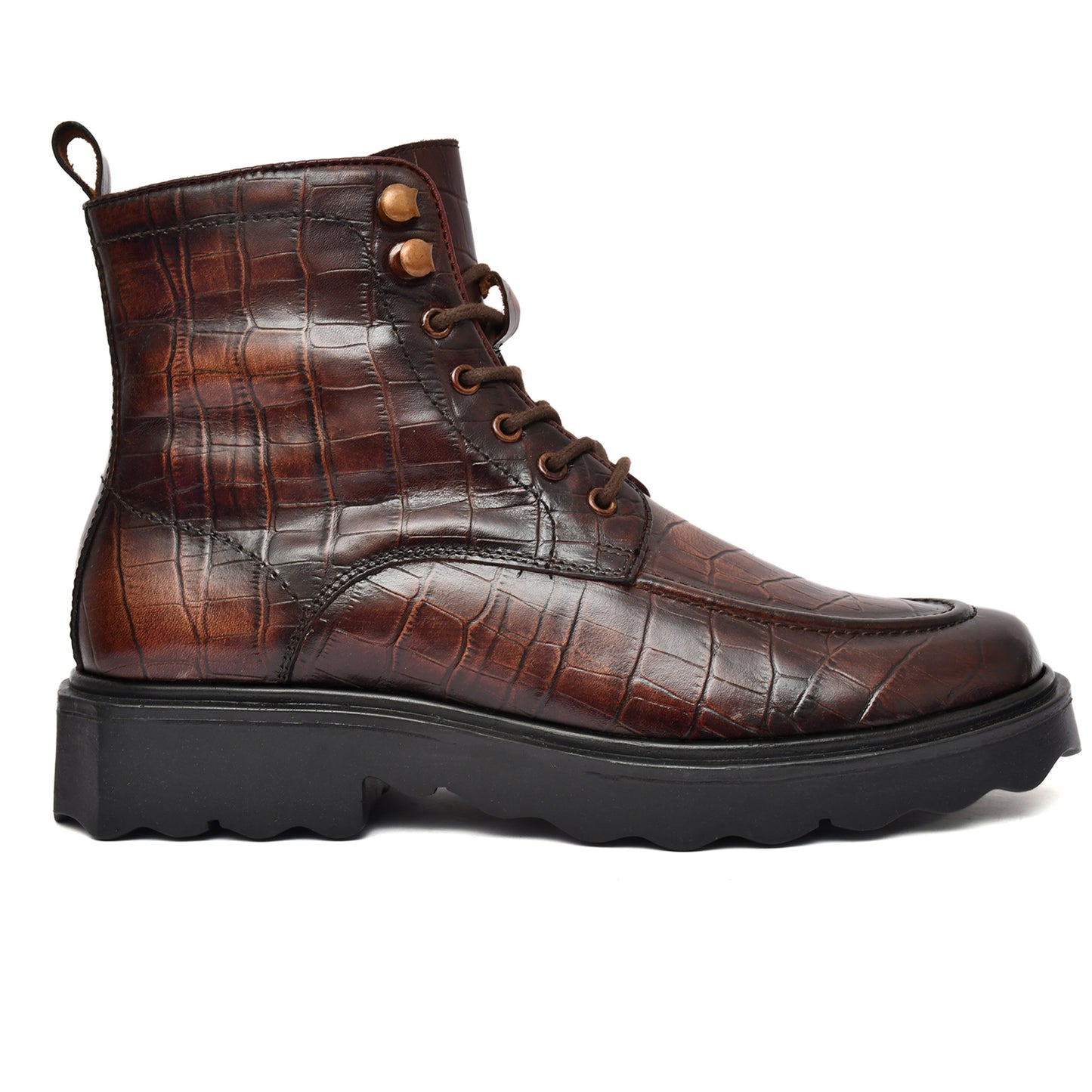EZRO Men's Brown Crocodile Texture Combat Boots | Premium Lace-Up Ankle Boots for Casual, Biker & Outdoor Wear