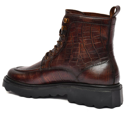 EZRO Men's Brown Crocodile Texture Combat Boots | Premium Lace-Up Ankle Boots for Casual, Biker & Outdoor Wear