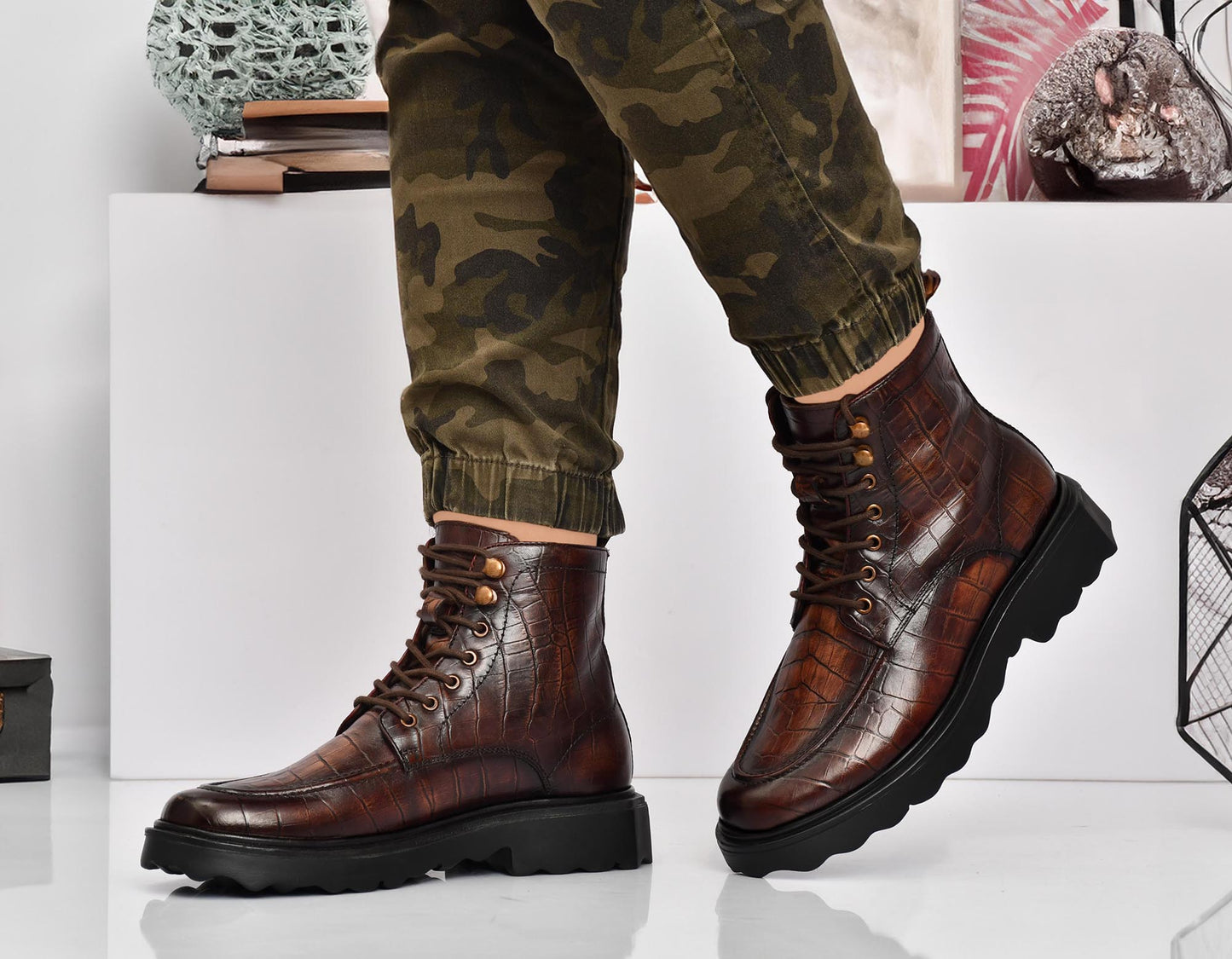 EZRO Men's Brown Crocodile Texture Combat Boots | Premium Lace-Up Ankle Boots for Casual, Biker & Outdoor Wear
