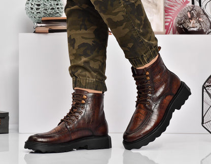 EZRO Men's Brown Crocodile Texture Combat Boots | Premium Lace-Up Ankle Boots for Casual, Biker & Outdoor Wear