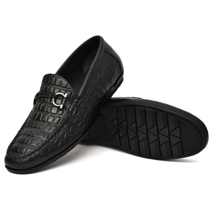 EZRO Men's Black Crocodile Texture Horsebit Loafers | Premium Slip-On Formal & Casual Driving Shoes