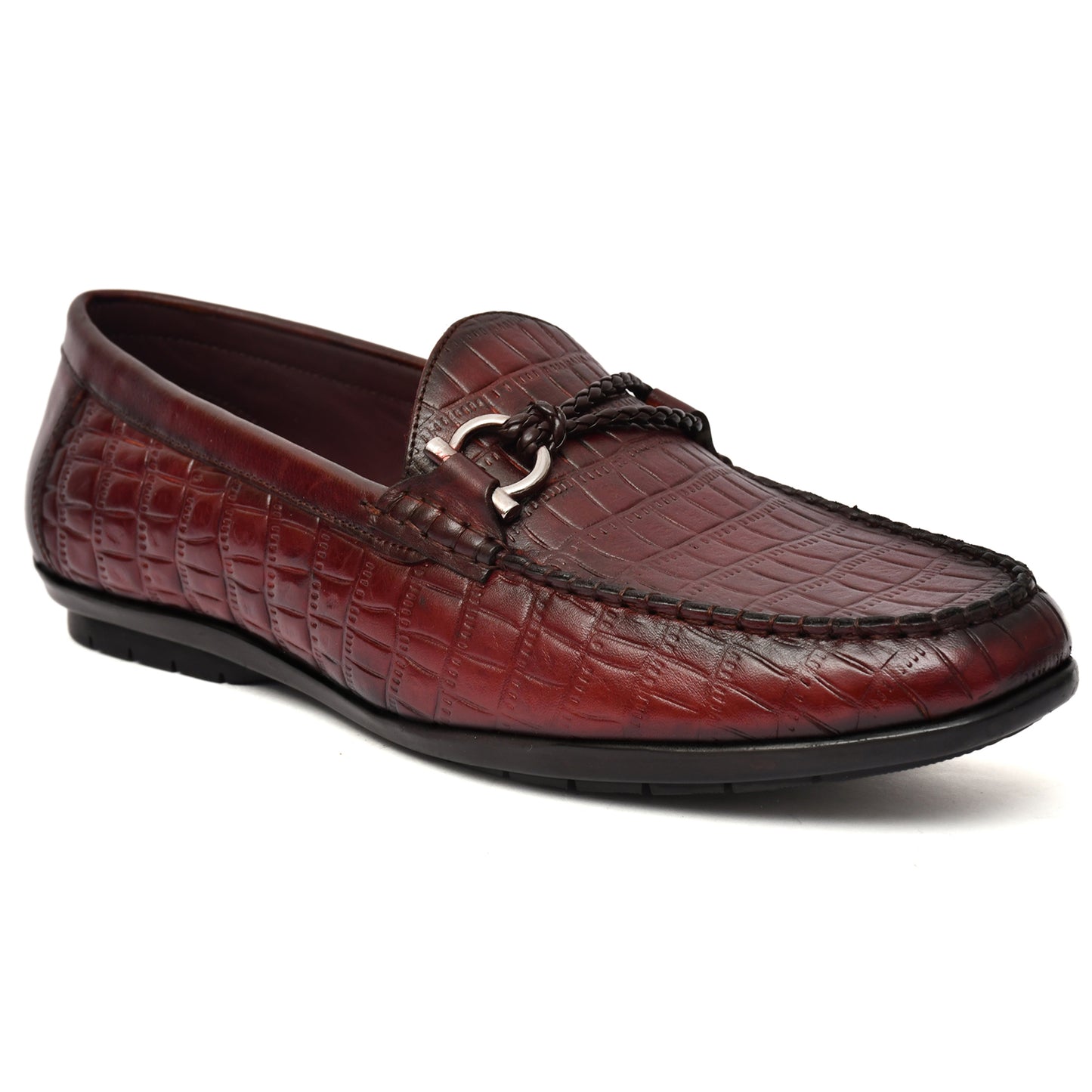 EZRO Men's Wine Crocodile Texture Horsebit Loafers | Premium Slip-On Formal & Casual Driving Shoes