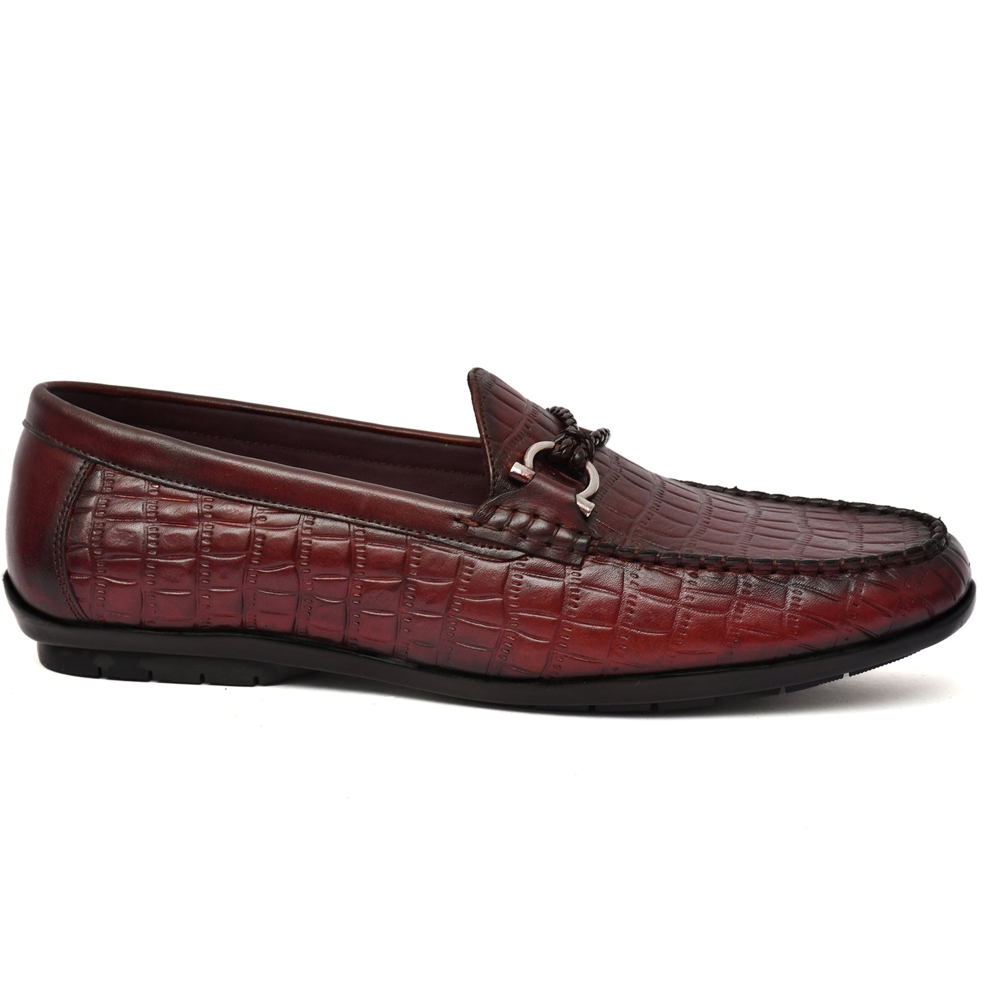 EZRO Men's Wine Crocodile Texture Horsebit Loafers | Premium Slip-On Formal & Casual Driving Shoes