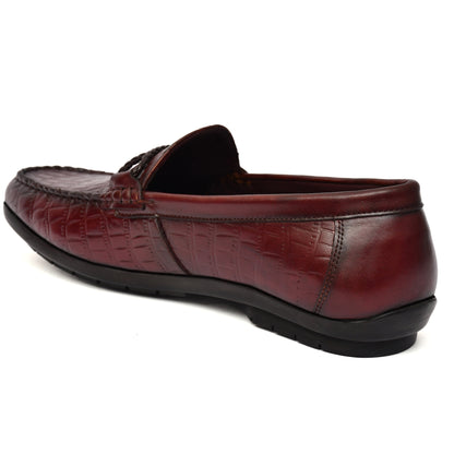 EZRO Men's Wine Crocodile Texture Horsebit Loafers | Premium Slip-On Formal & Casual Driving Shoes