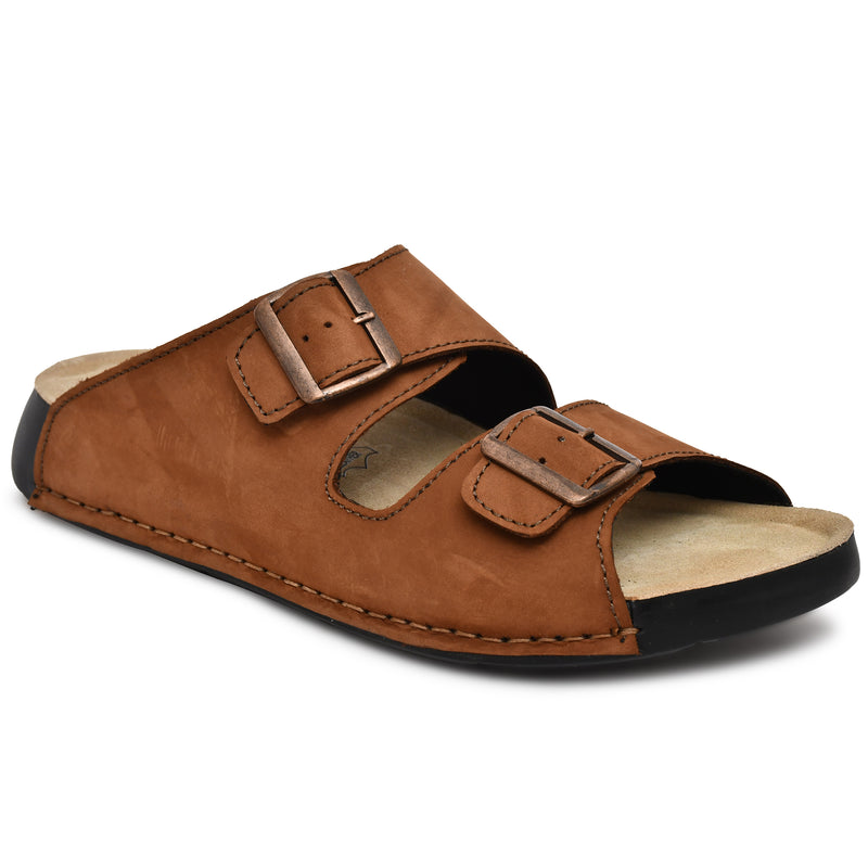 EZRO Men's Tan Adjustable Double Buckle Comfort Slippers | Casual Open-Toe Slip-On Sandals
