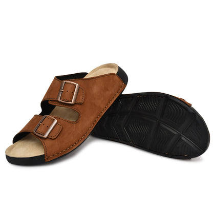 EZRO Men's Tan Adjustable Double Buckle Comfort Slippers | Casual Open-Toe Slip-On Sandals