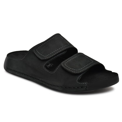 EZRO Men's Black Adjustable Comfort Slippers | Premium Dual Strap Casual Slide Slippers for Indoor & Outdoor Wear