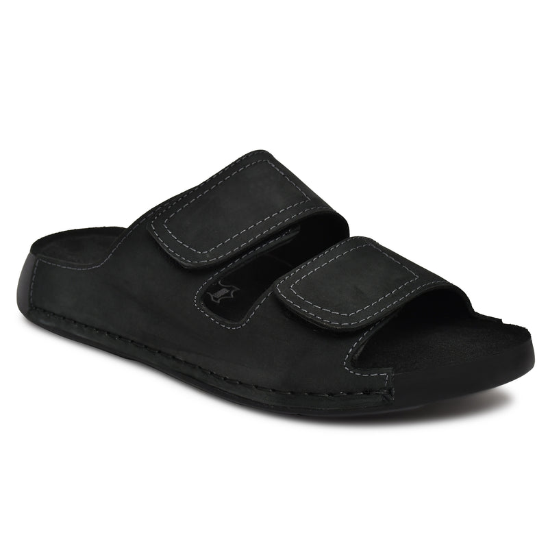 EZRO Men's Black Adjustable Comfort Slippers | Premium Dual Strap Casual Slide Slippers for Indoor & Outdoor Wear