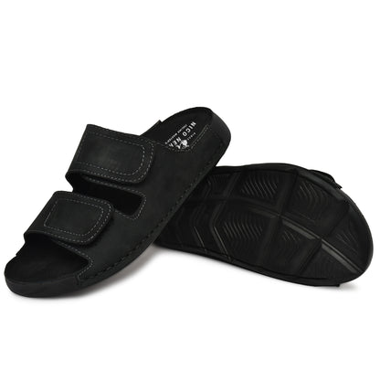 EZRO Men's Black Adjustable Comfort Slippers | Premium Dual Strap Casual Slide Slippers for Indoor & Outdoor Wear