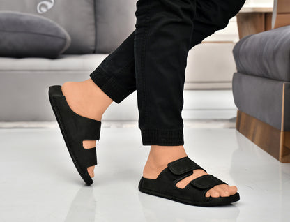 EZRO Men's Black Adjustable Comfort Slippers | Premium Dual Strap Casual Slide Slippers for Indoor & Outdoor Wear