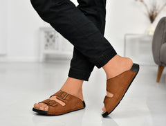 EZRO Men's Tan Adjustable Double Buckle Comfort Slippers | Casual Open-Toe Slip-On Sandals