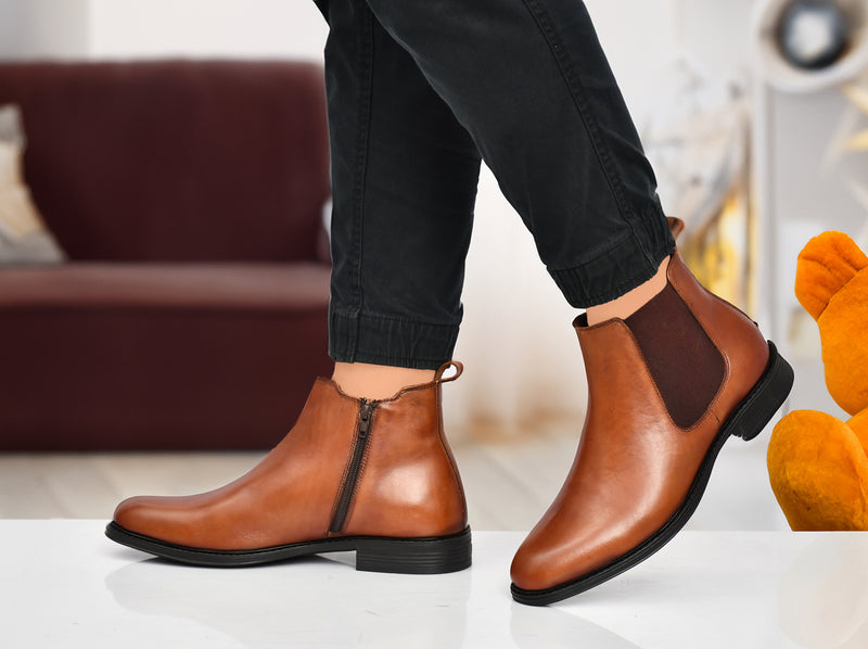 EZRO Men's Tan Chelsea Boots | Premium Leather Slip-On Ankle Boots for Formal, Office & Casual Wear