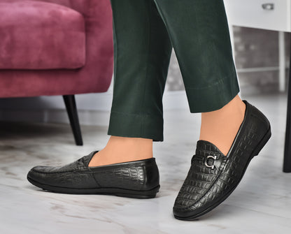 EZRO Men's Black Crocodile Texture Horsebit Loafers | Premium Slip-On Formal & Casual Driving Shoes