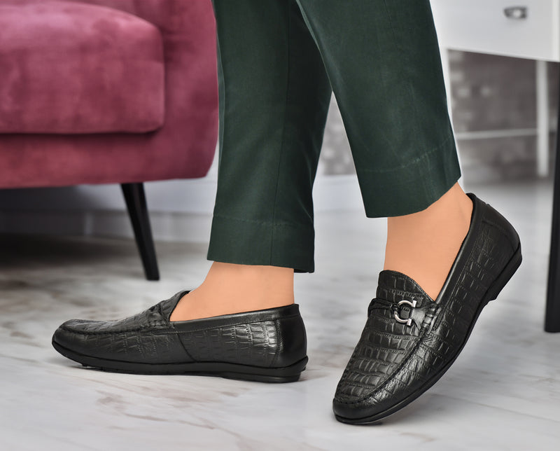 EZRO Men's Black Crocodile Texture Horsebit Loafers | Premium Slip-On Formal & Casual Driving Shoes