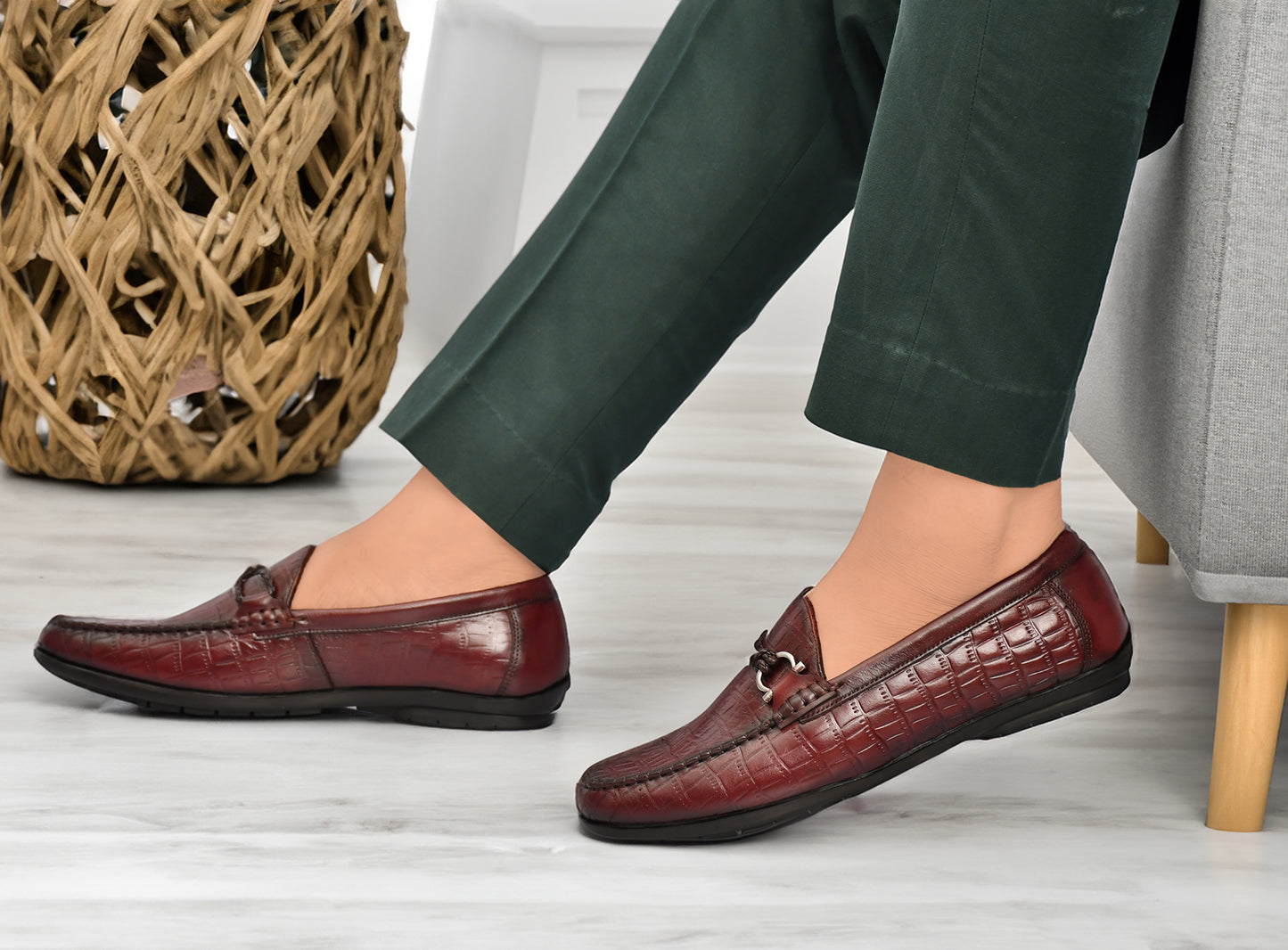 EZRO Men's Wine Crocodile Texture Horsebit Loafers | Premium Slip-On Formal & Casual Driving Shoes