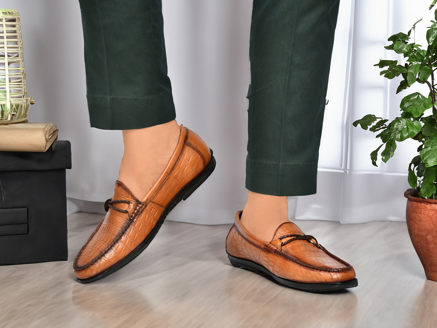EZRO Men's Brown Crocodile Texture Horsebit Loafers | Premium Slip-On Formal & Casual Driving Shoes