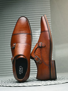 EZRO Men's Tan Double Monk Strap Formal Shoes | Croc Texture Leather Dress Shoes for Office & Wedding