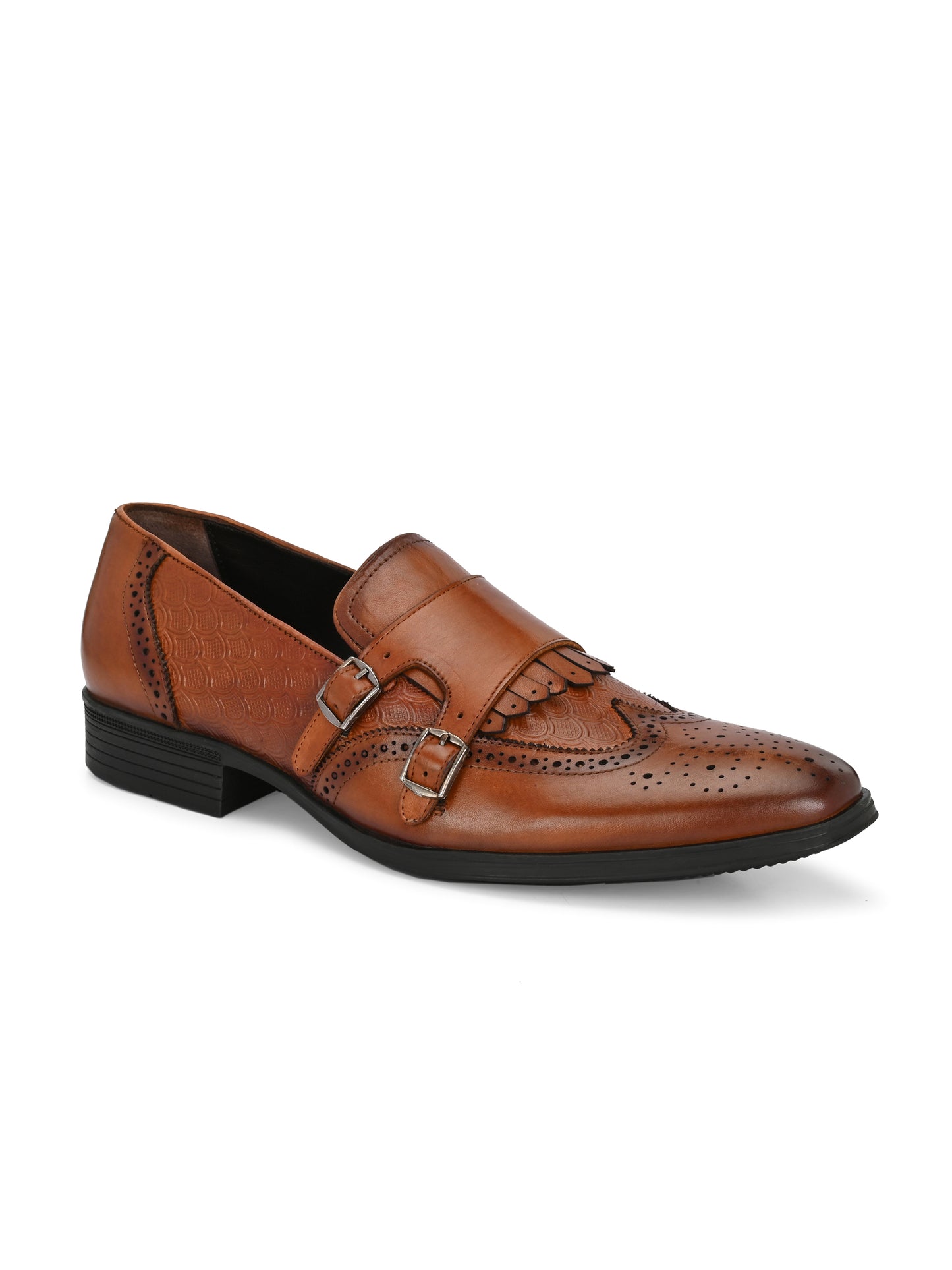 EZRO Men's Tan Double Monk Strap Brogue Dress Shoes with Kiltie Fringe