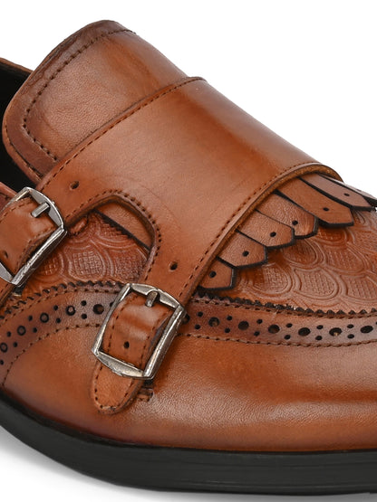 EZRO Men's Tan Double Monk Strap Brogue Dress Shoes with Kiltie Fringe